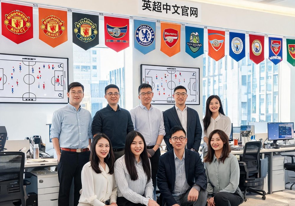英超中文官网核心团队成员在北京办公室的合影，墙上挂满英超各队队旗和战术板